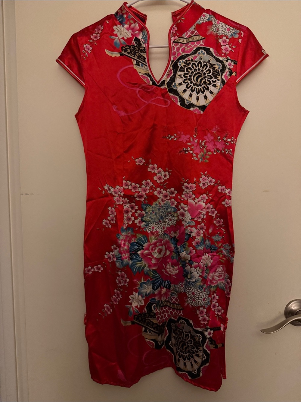 Red Floral Satin Midi Cheongsam-Inspired Dress